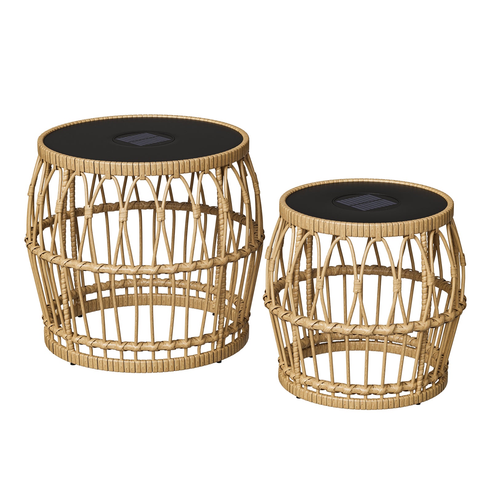 Solar Outdoor Side Table Set of 2, Boho Nesting Tables with Integrated Lighting, Round Rattan Coffee Tables for Patio, Balcony, Poolside & Porch