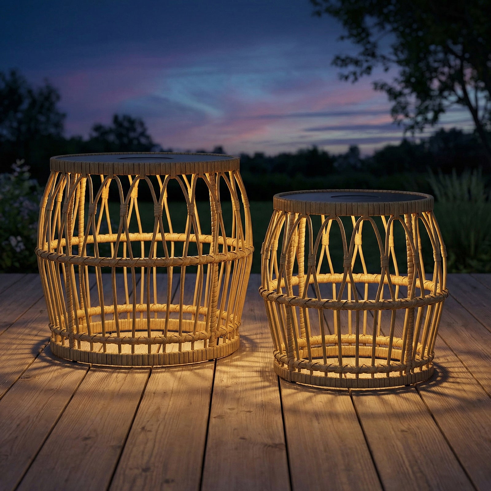 Solar Outdoor Side Table Set of 2, Boho Nesting Tables with Integrated Lighting, Round Rattan Coffee Tables for Patio, Balcony, Poolside & Porch