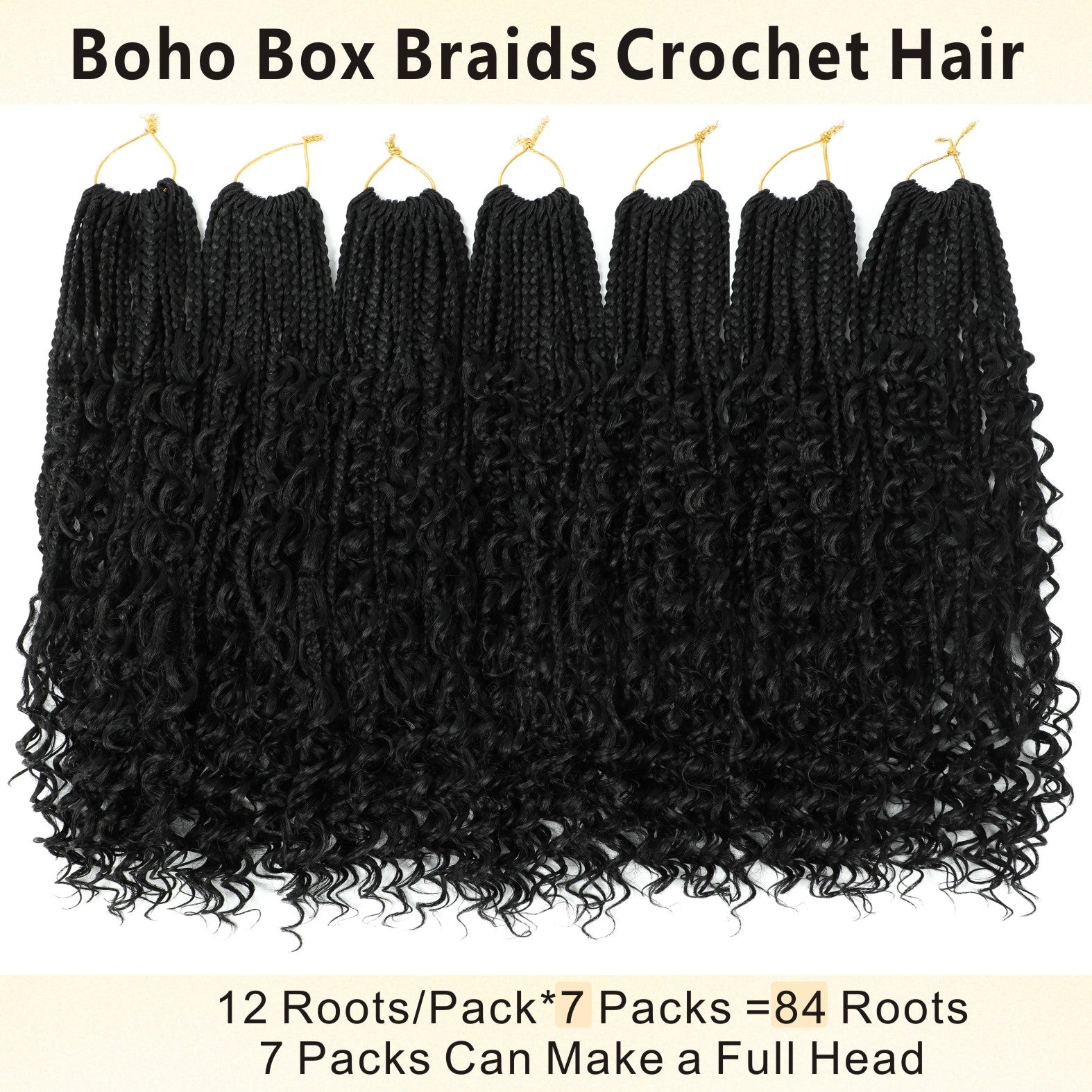 7 pack 12/14 Inch Boho Box Braids Goddess Box Braids Crochet Hair Bohemian Hippie Braids Braiding Hair Box Braids with Curly Ends Messy Pre-looped Synthetic Crochet Hair for Women Halloween Christmas