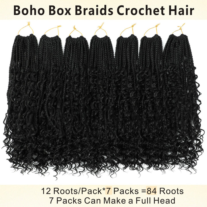 7 pack 12/14 Inch Boho Box Braids Goddess Box Braids Crochet Hair Bohemian Hippie Braids Braiding Hair Box Braids with Curly Ends Messy Pre-looped Synthetic Crochet Hair for Women Halloween Christmas