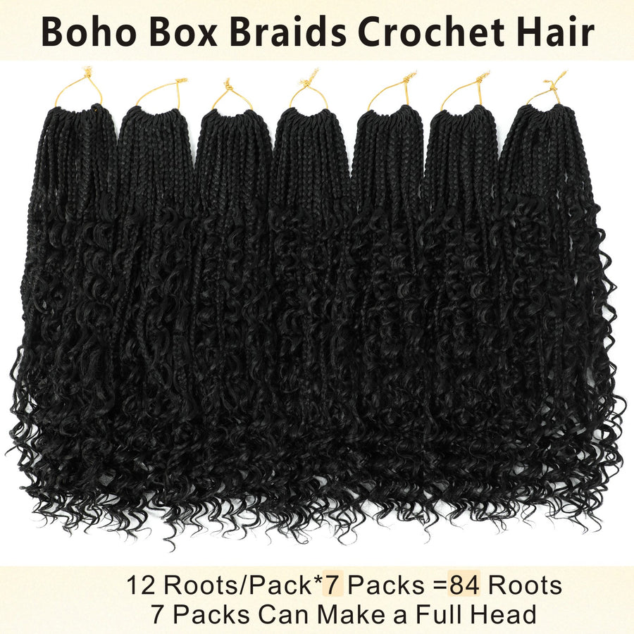 7 pack 12/14 Inch Boho Box Braids Goddess Box Braids Crochet Hair Bohemian Hippie Braids Braiding Hair Box Braids with Curly Ends Messy Pre-looped Synthetic Crochet Hair for Women Halloween Christmas