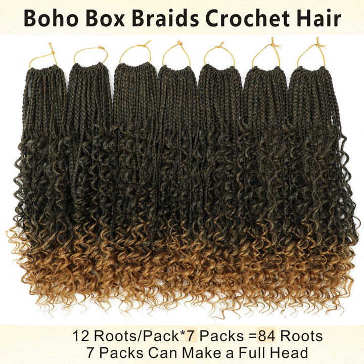 Goddess Bohemian box braids Crochet Hair,12/14 inch Pre Looped Boho Box Braid Crochet Hair with curly Ends,8pcs Boho Crochet Braids Synthetic Hair Extensions for Women