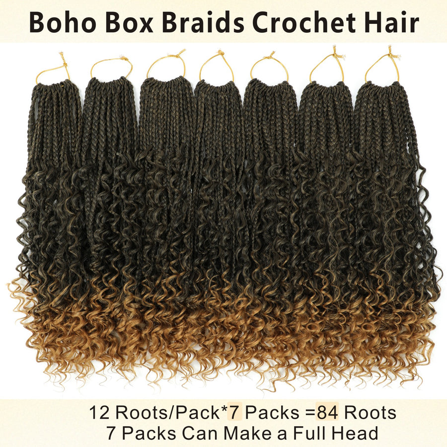 Goddess Bohemian box braids Crochet Hair,12/14 inch Pre Looped Boho Box Braid Crochet Hair with curly Ends,8pcs Boho Crochet Braids Synthetic Hair Extensions for Women
