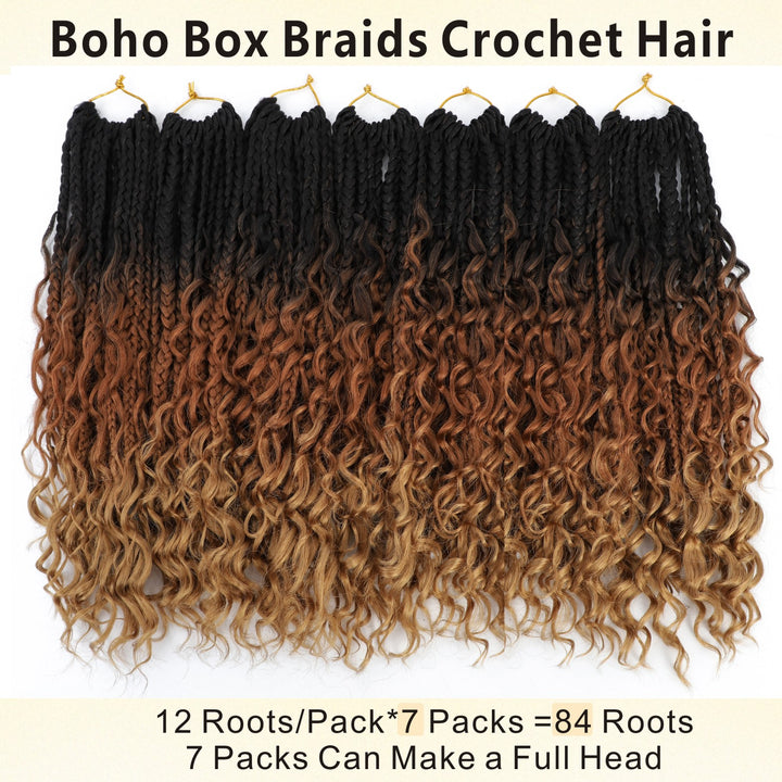 7 Pack 12/14inch Goddess Box Braids Crochet Hair Extensions Voluminous Curly Wave Ends, Natural Look Synthetic Braids for, Easy Maintenance Dreadlock-Free Hairstyle for Everyday & Special Events Bohemian Style, Realistic Texture, Protective Hairstyles