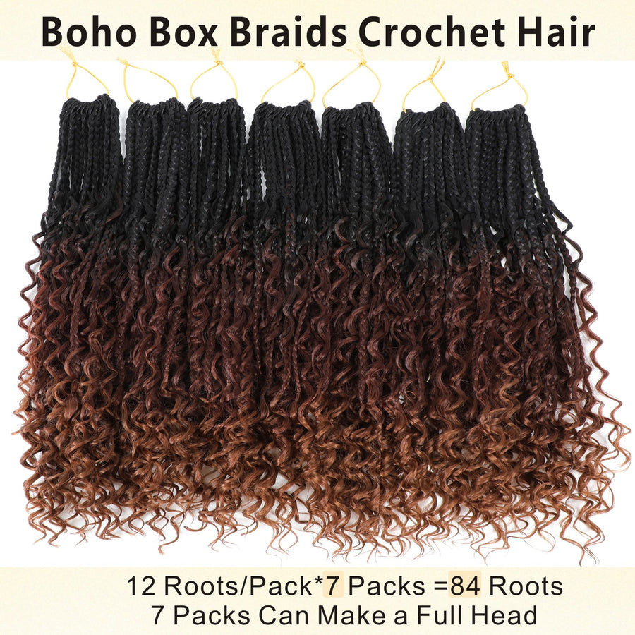 12/14 Inch Boho Box Braids 8 Pack Goddess Box Braids Bohemian Box Braids Crochet Hair Crochet Box Braids With Curly Ends For Women Black Burgundy Color