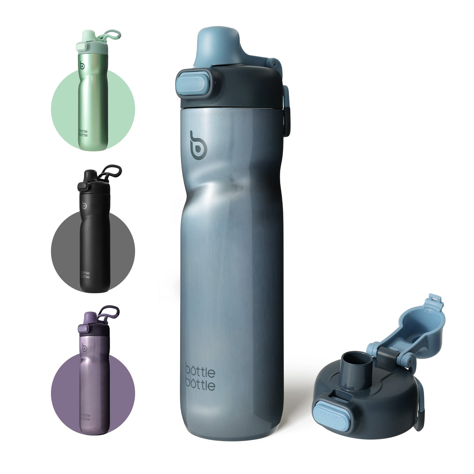 Insulated Water Bottle 24 oz with Handle and Flip Tops Lids Stainless Steel Water Bottle Push Button Lid Leak proof Portable for Running Travel Sports Hiking