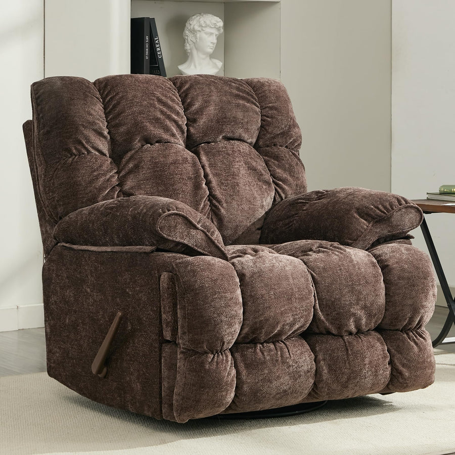 Oversized Recliner Chair, Overstuffed Swivel Rocker with Extra Wide Seat & Breathable Fabric for Living Room (Manual, Brown)