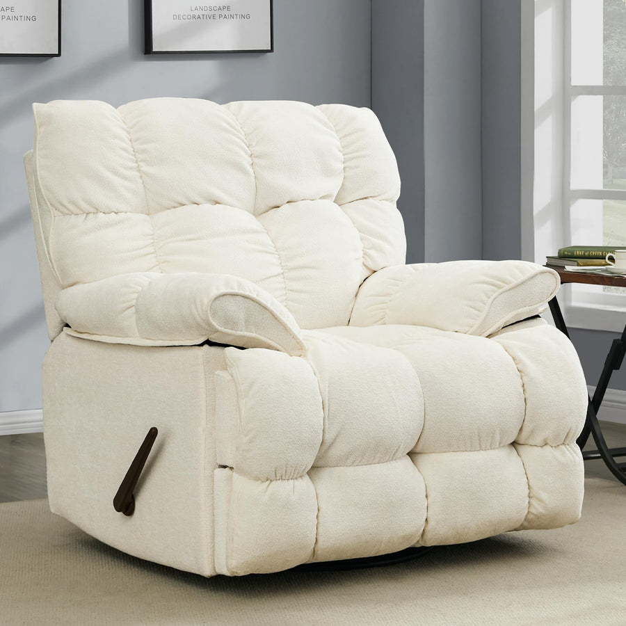 Oversized Recliner Chair, Overstuffed Swivel Rocker with Extra Wide Seat & Breathable Fabric for Living Room (Manual, White)