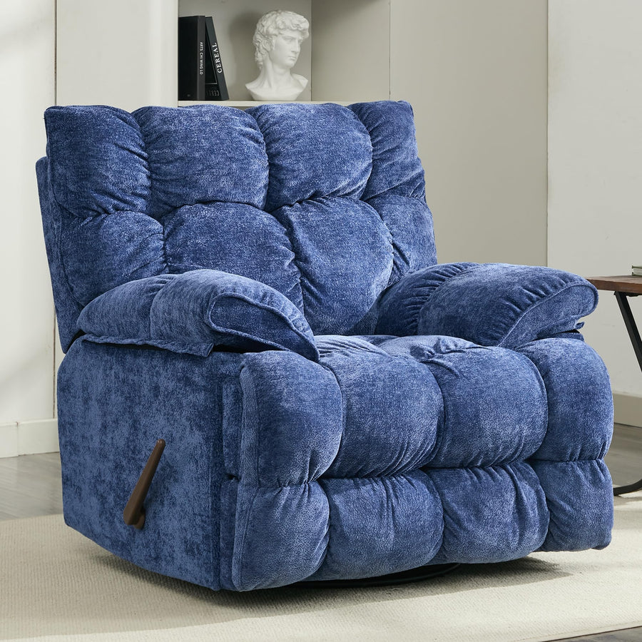 Oversized Recliner Chair, Overstuffed Swivel Rocker with Extra Wide Seat & Breathable Fabric for Living Room (Manual, Blue)