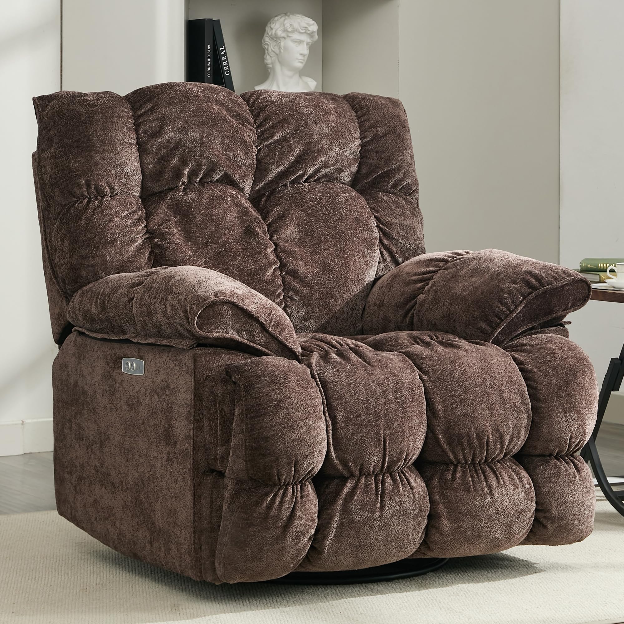 Oversized Recliner Chair, Overstuffed Swivel Rocker with Extra Wide Seat & Breathable Fabric for Living Room (Power, Brown)