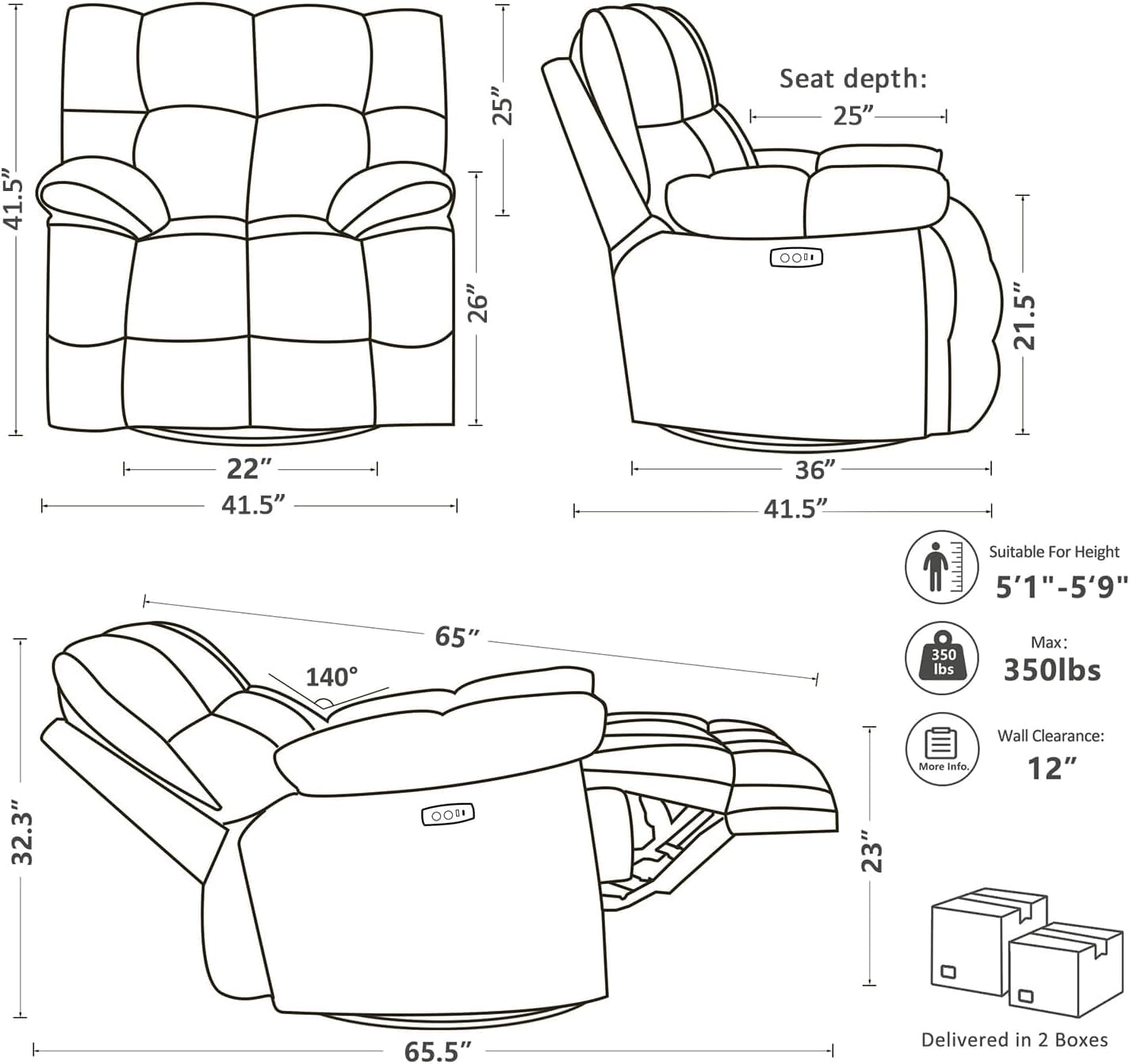 Oversized Recliner Chair, Overstuffed Swivel Rocker with Extra Wide Seat & Breathable Fabric for Living Room (Power, Brown)