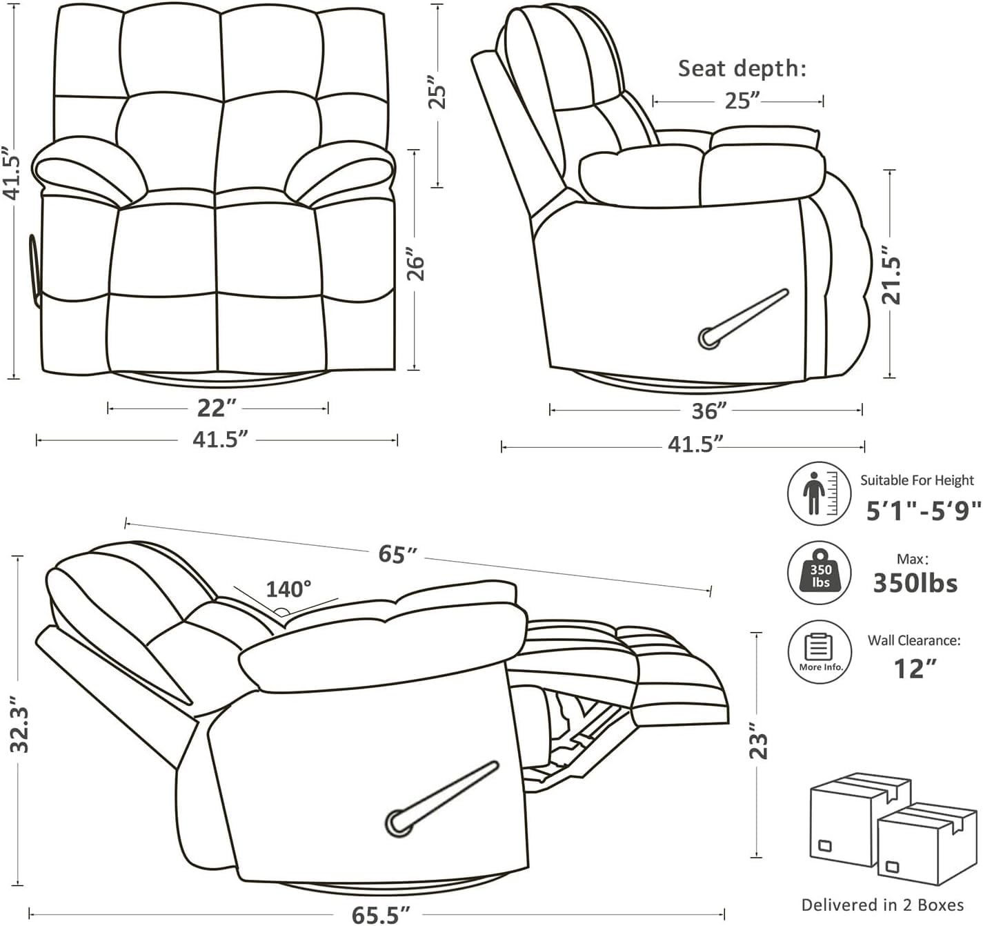 Oversized Recliner Chair, Overstuffed Swivel Rocker with Extra Wide Seat & Breathable Fabric for Living Room (Manual, Brown)