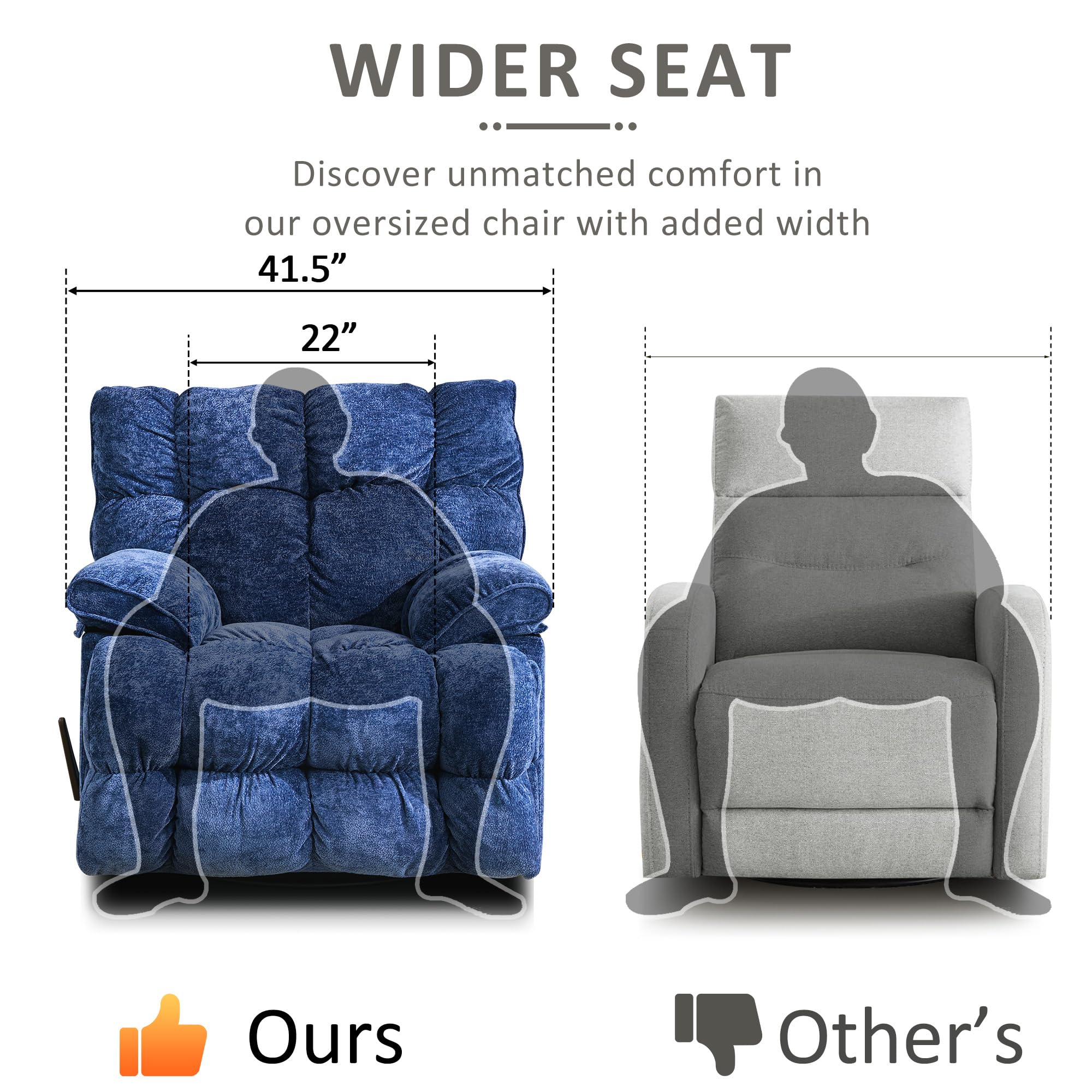 Oversized Recliner Chair, Overstuffed Swivel Rocker with Extra Wide Seat & Breathable Fabric for Living Room (Manual, Blue)