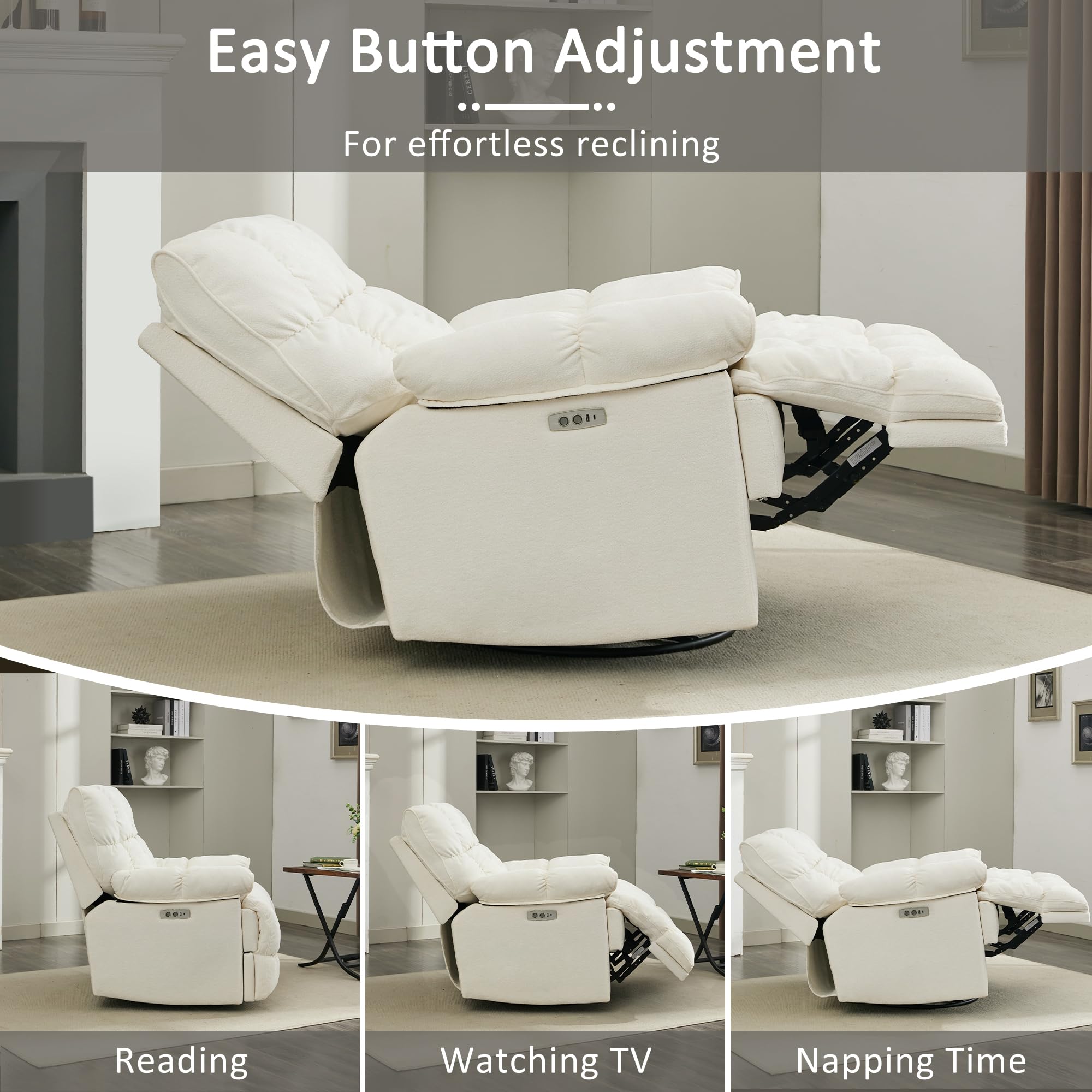 Oversized Rocker Recliner Chair,Power Swivel Recliner for Living Room,Overstuffed Extra Wide Rocking Recliners with Breathable Soft Fabric,Up to 350lbs (Power, White)