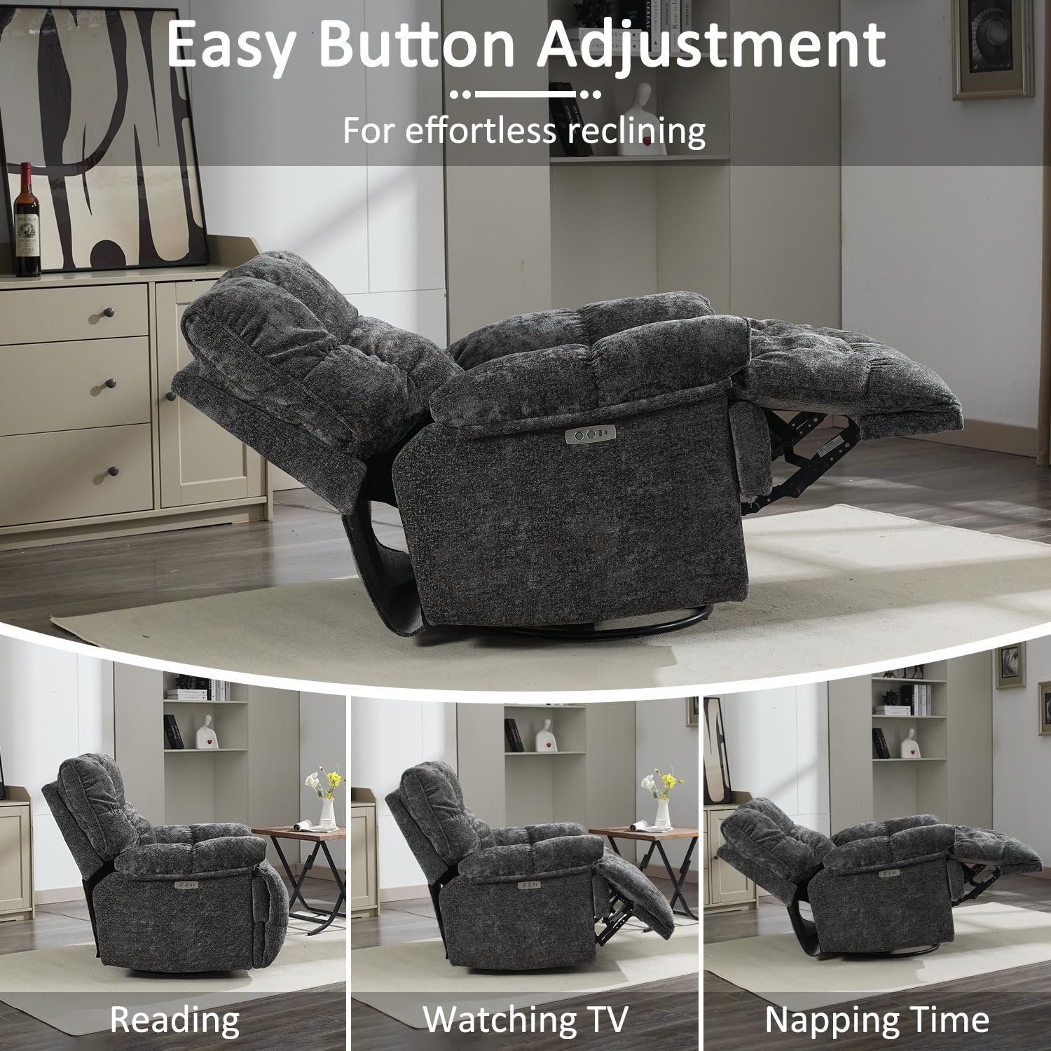 Oversized Rocker Reclining Chair, Swivel Rocking Recliner for Living Room, Overstuffed Extra Wide Single Sofa with Breathable Soft Fabric (Power, Gray)