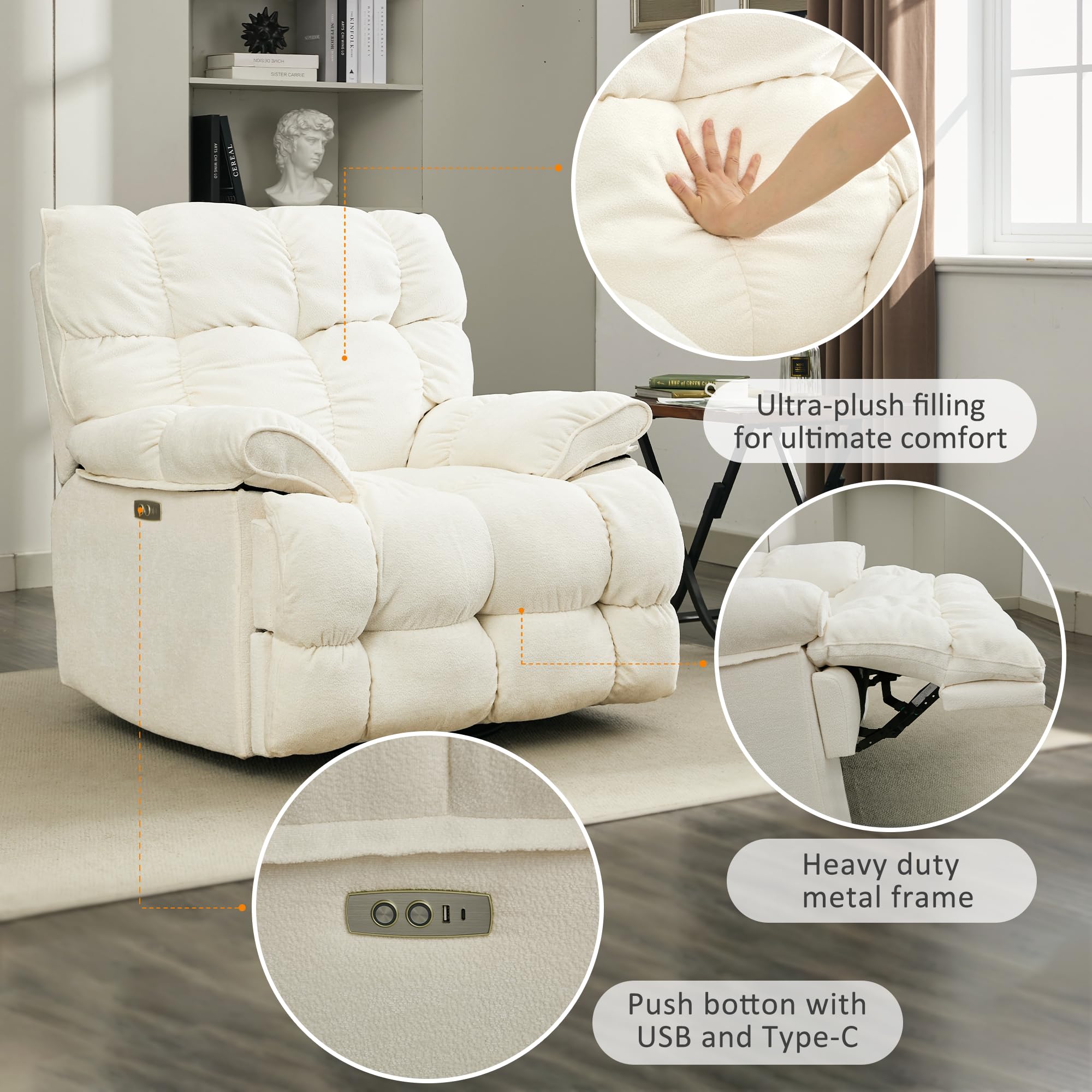 Oversized Rocker Recliner Chair,Power Swivel Recliner for Living Room,Overstuffed Extra Wide Rocking Recliners with Breathable Soft Fabric,Up to 350lbs (Power, White)