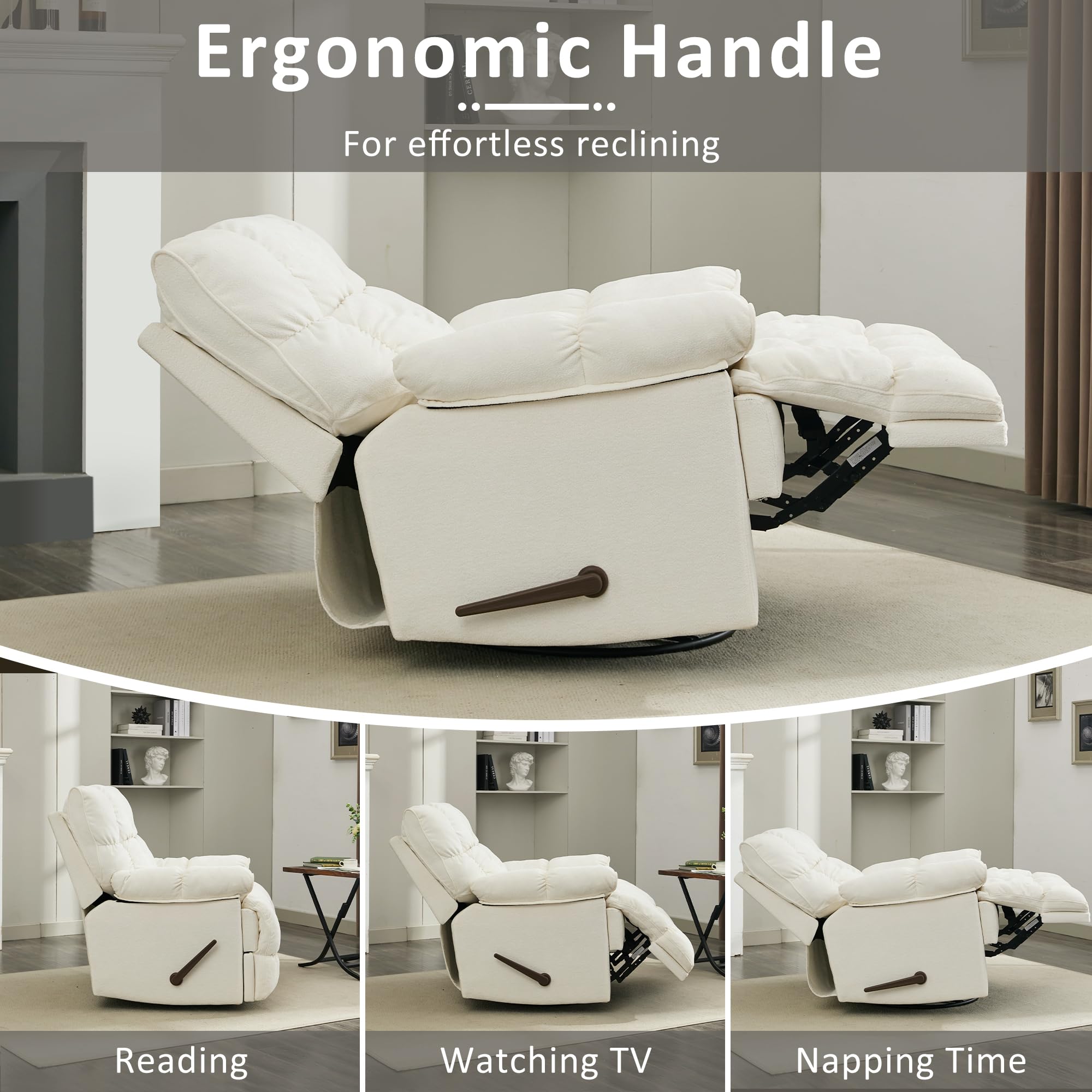Oversized Recliner Chair, Overstuffed Swivel Rocker with Extra Wide Seat & Breathable Fabric for Living Room (Manual, White)