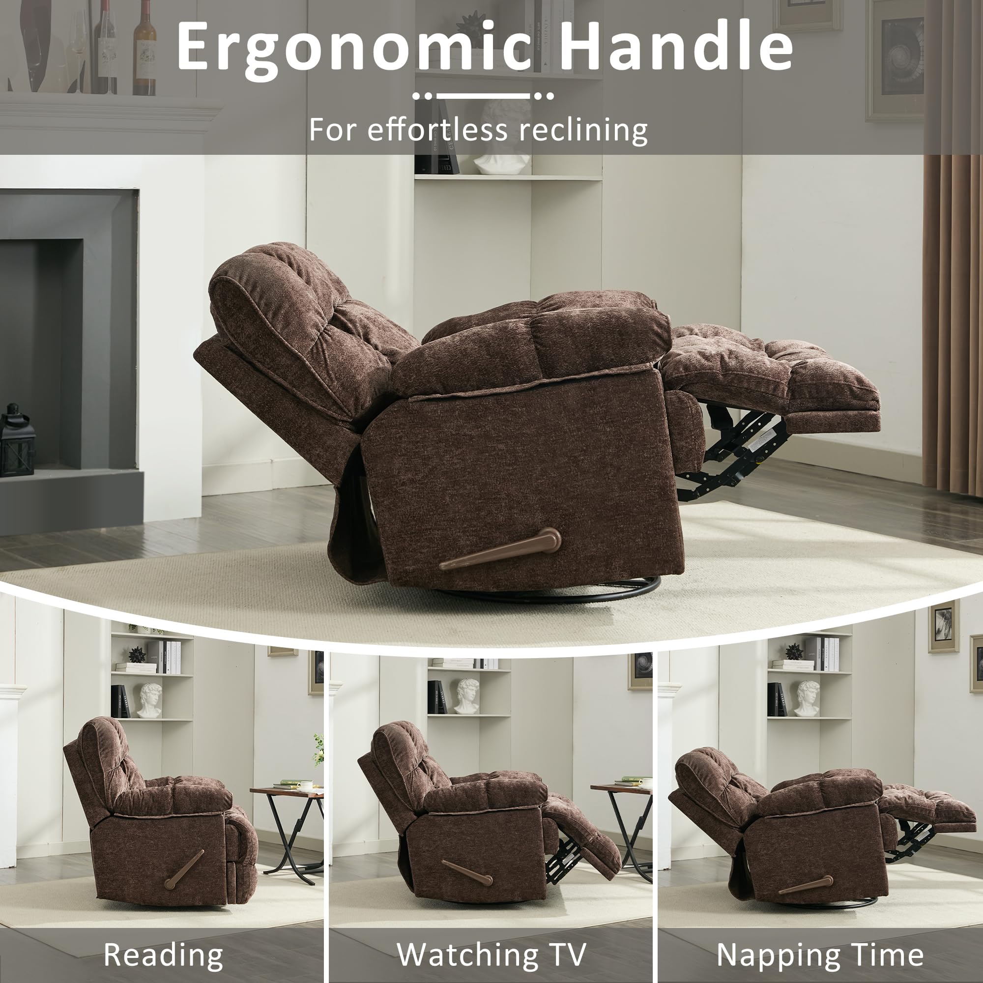 Oversized Recliner Chair, Overstuffed Swivel Rocker with Extra Wide Seat & Breathable Fabric for Living Room (Manual, Brown)