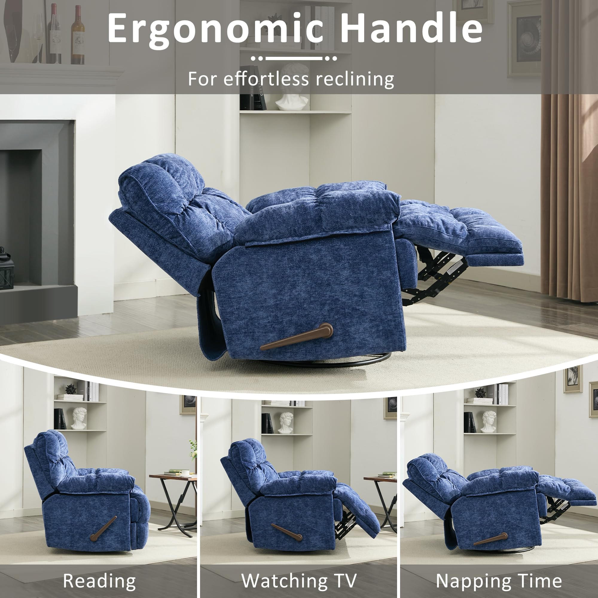 Oversized Recliner Chair, Overstuffed Swivel Rocker with Extra Wide Seat & Breathable Fabric for Living Room (Manual, Blue)