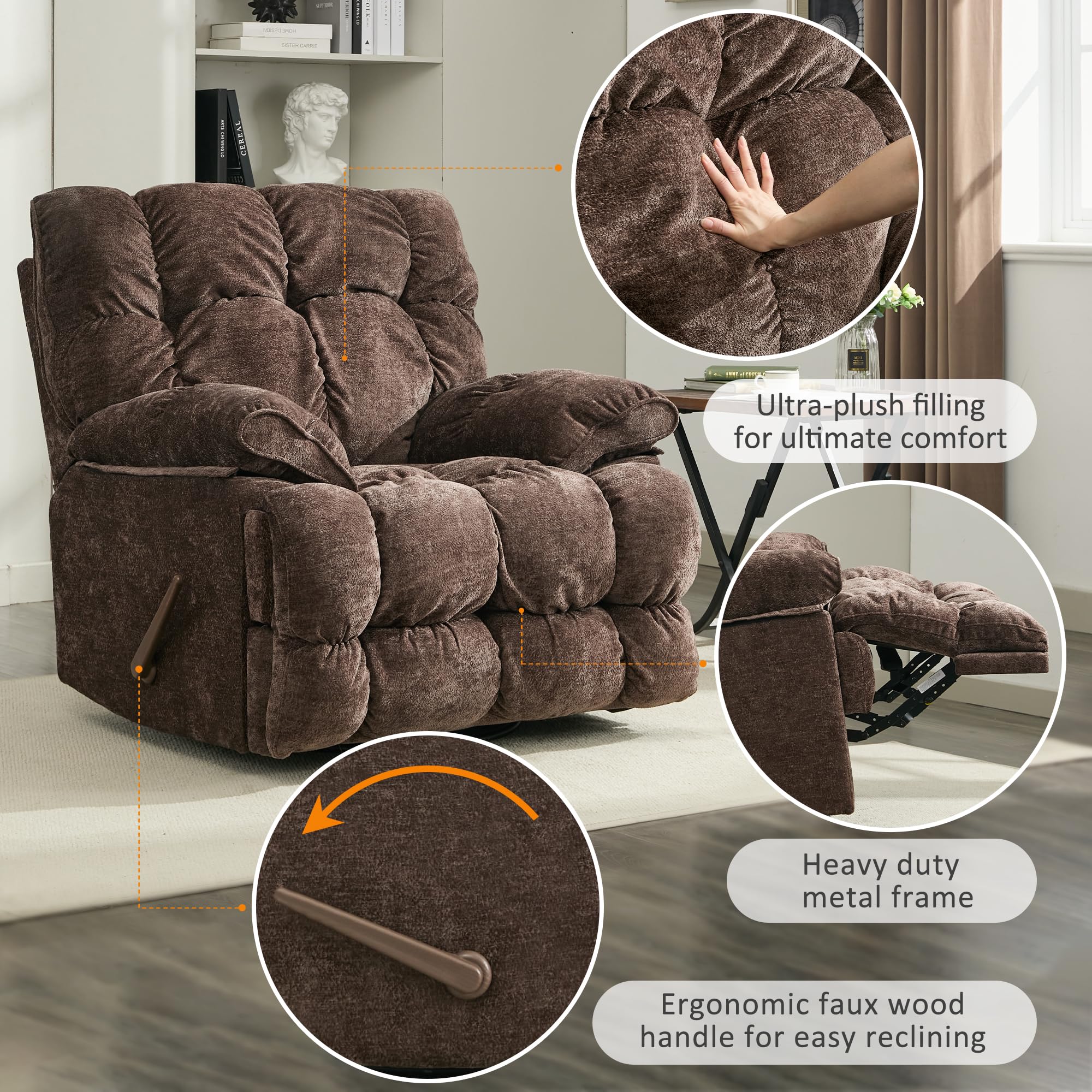 Oversized Recliner Chair, Overstuffed Swivel Rocker with Extra Wide Seat & Breathable Fabric for Living Room (Manual, Brown)