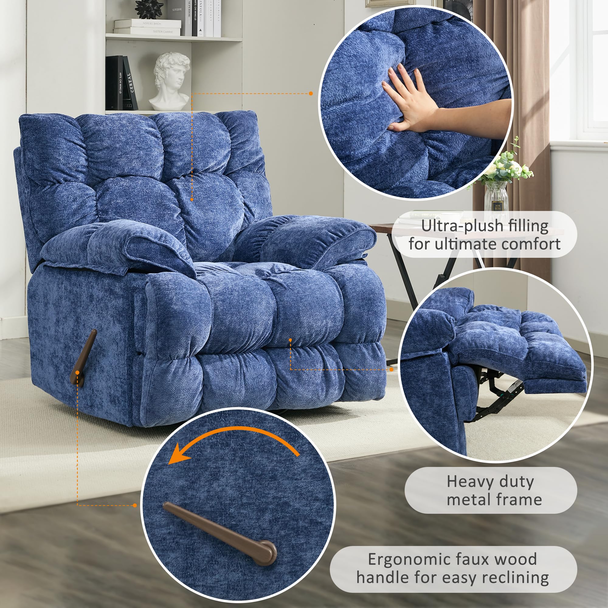 Oversized Recliner Chair, Overstuffed Swivel Rocker with Extra Wide Seat & Breathable Fabric for Living Room (Manual, Blue)