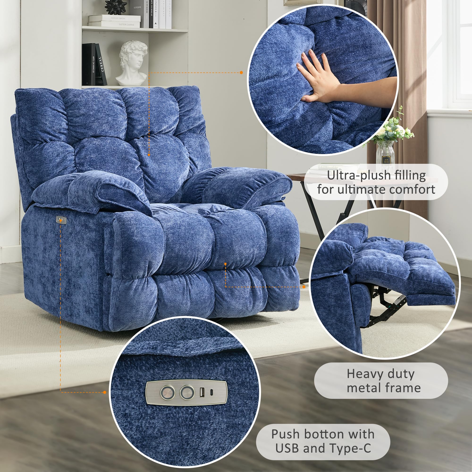 Oversized Rocker Recliner Chair,Power Swivel Recliner for Living Room,Overstuffed Extra Wide Rocking Recliners with Breathable Soft Fabric,Up to 350lbs (Power, Blue)