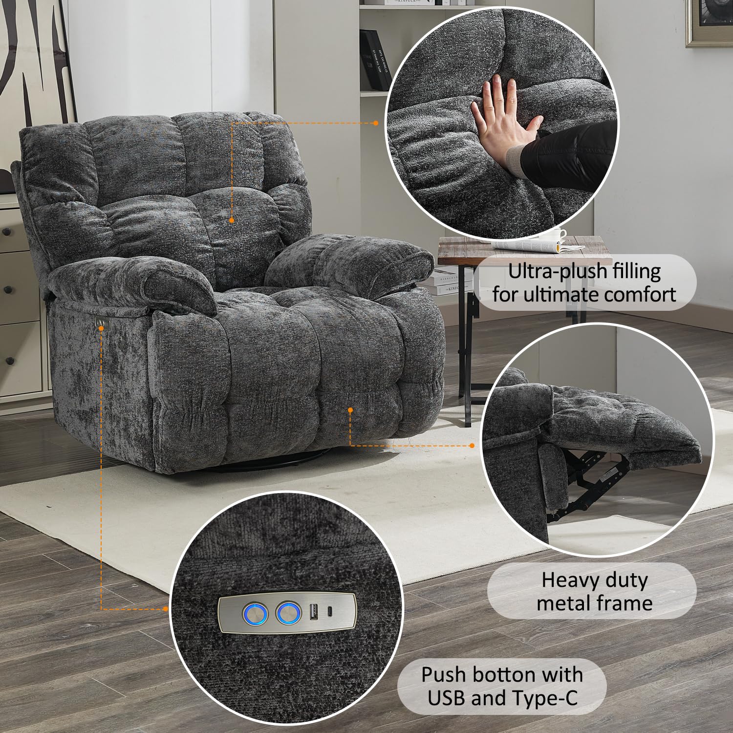 Oversized Rocker Reclining Chair, Swivel Rocking Recliner for Living Room, Overstuffed Extra Wide Single Sofa with Breathable Soft Fabric (Power, Gray)