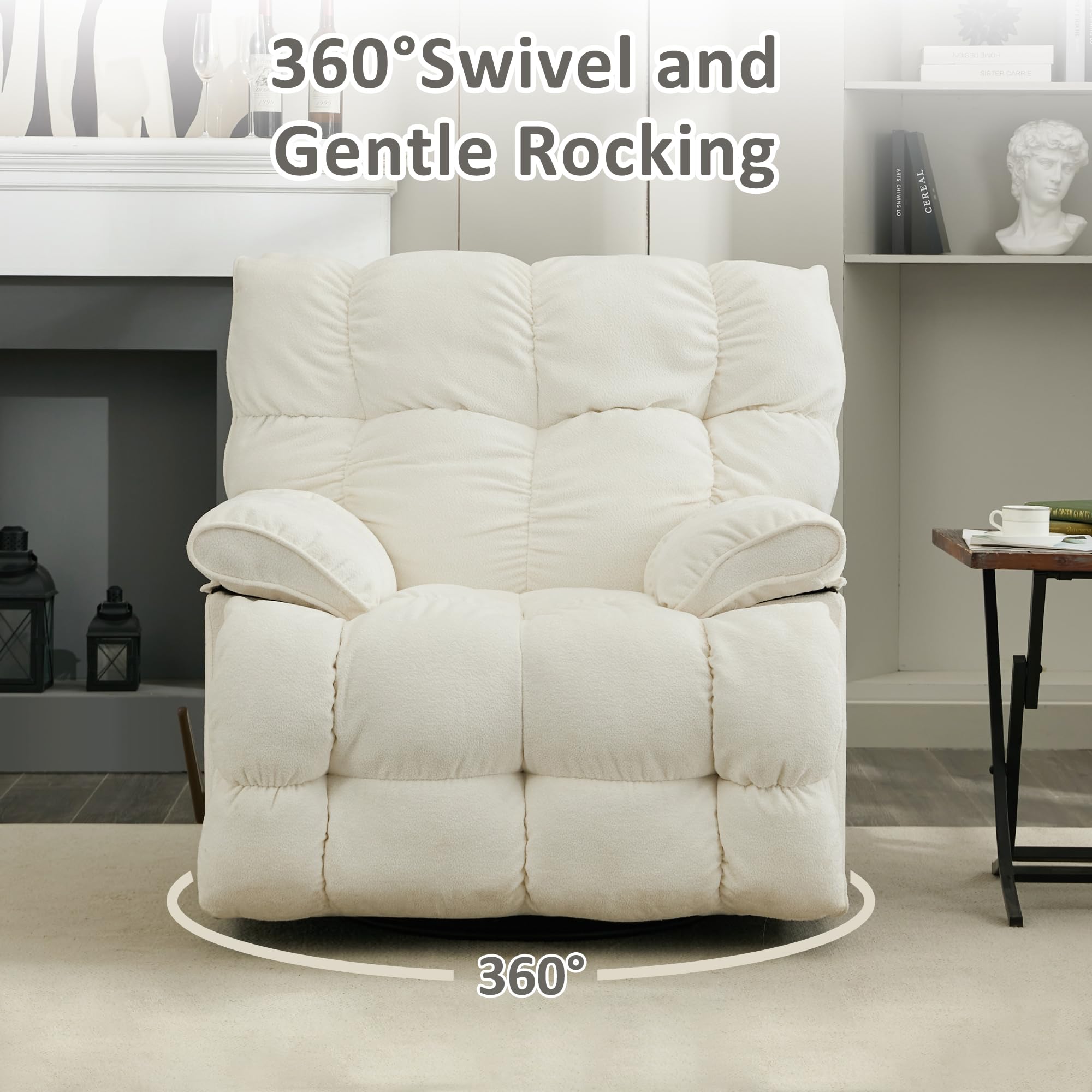Oversized Recliner Chair, Overstuffed Swivel Rocker with Extra Wide Seat & Breathable Fabric for Living Room (Manual, White)