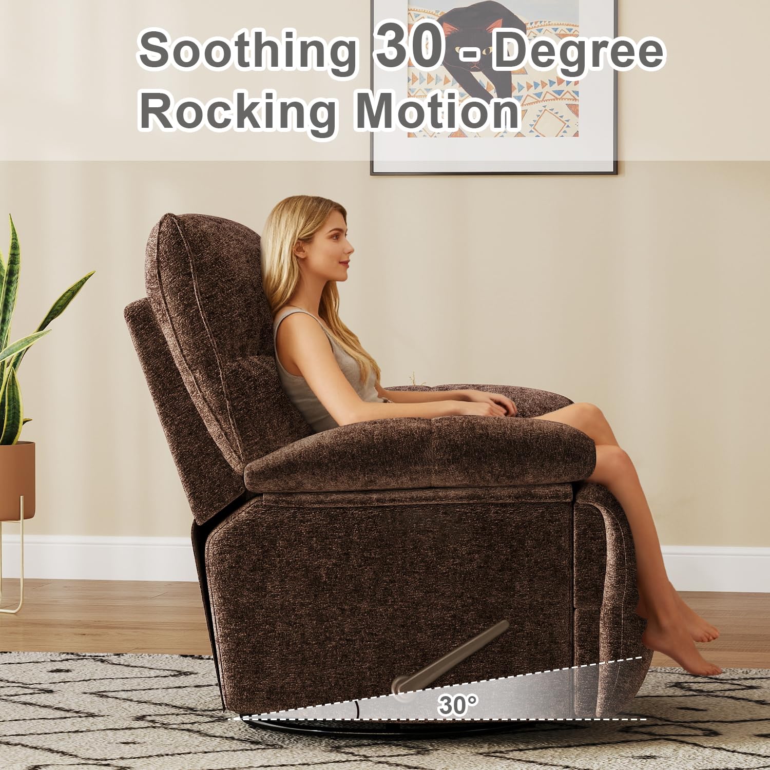 Oversized Recliner Chair, Overstuffed Swivel Rocker with Extra Wide Seat & Breathable Fabric for Living Room (Manual, Brown)