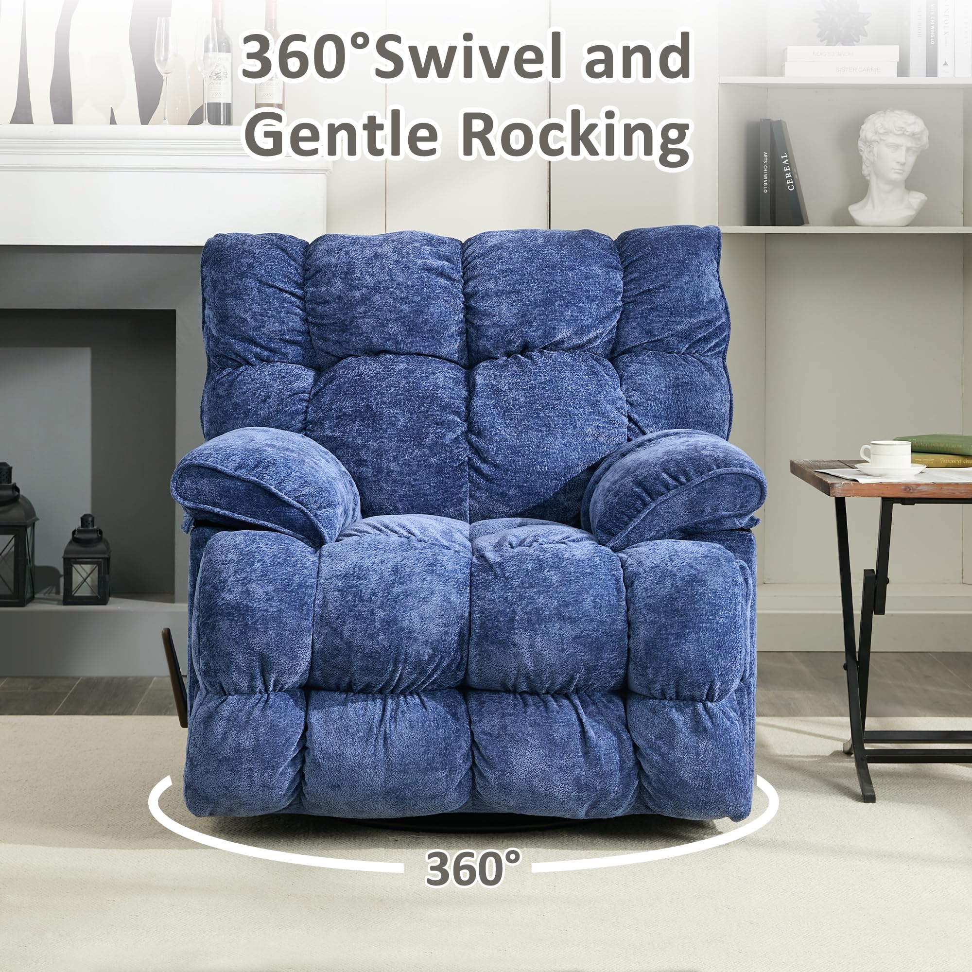 Oversized Recliner Chair, Overstuffed Swivel Rocker with Extra Wide Seat & Breathable Fabric for Living Room (Manual, Blue)