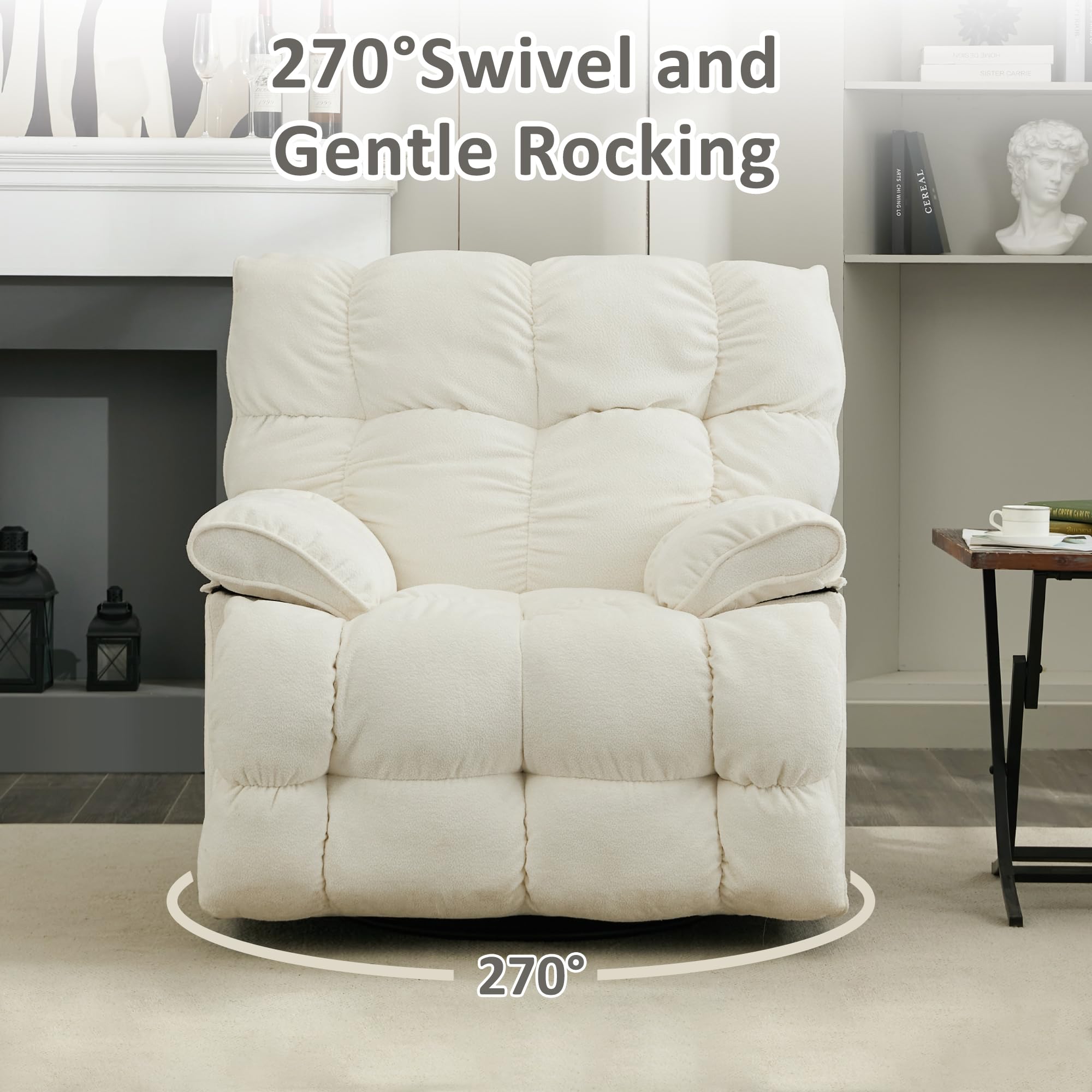 Oversized Rocker Recliner Chair,Power Swivel Recliner for Living Room,Overstuffed Extra Wide Rocking Recliners with Breathable Soft Fabric,Up to 350lbs (Power, White)