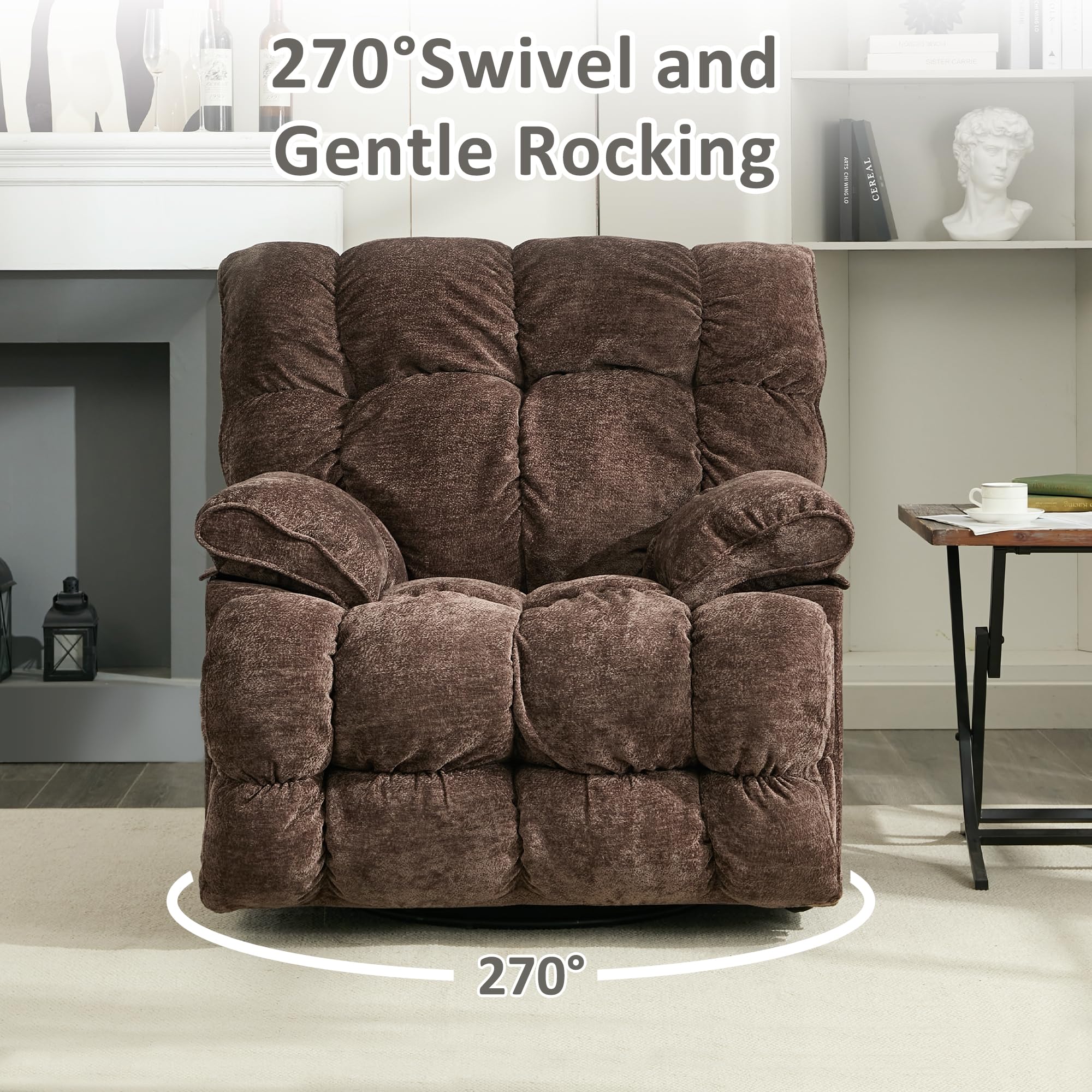 Oversized Recliner Chair, Overstuffed Swivel Rocker with Extra Wide Seat & Breathable Fabric for Living Room (Power, Brown)