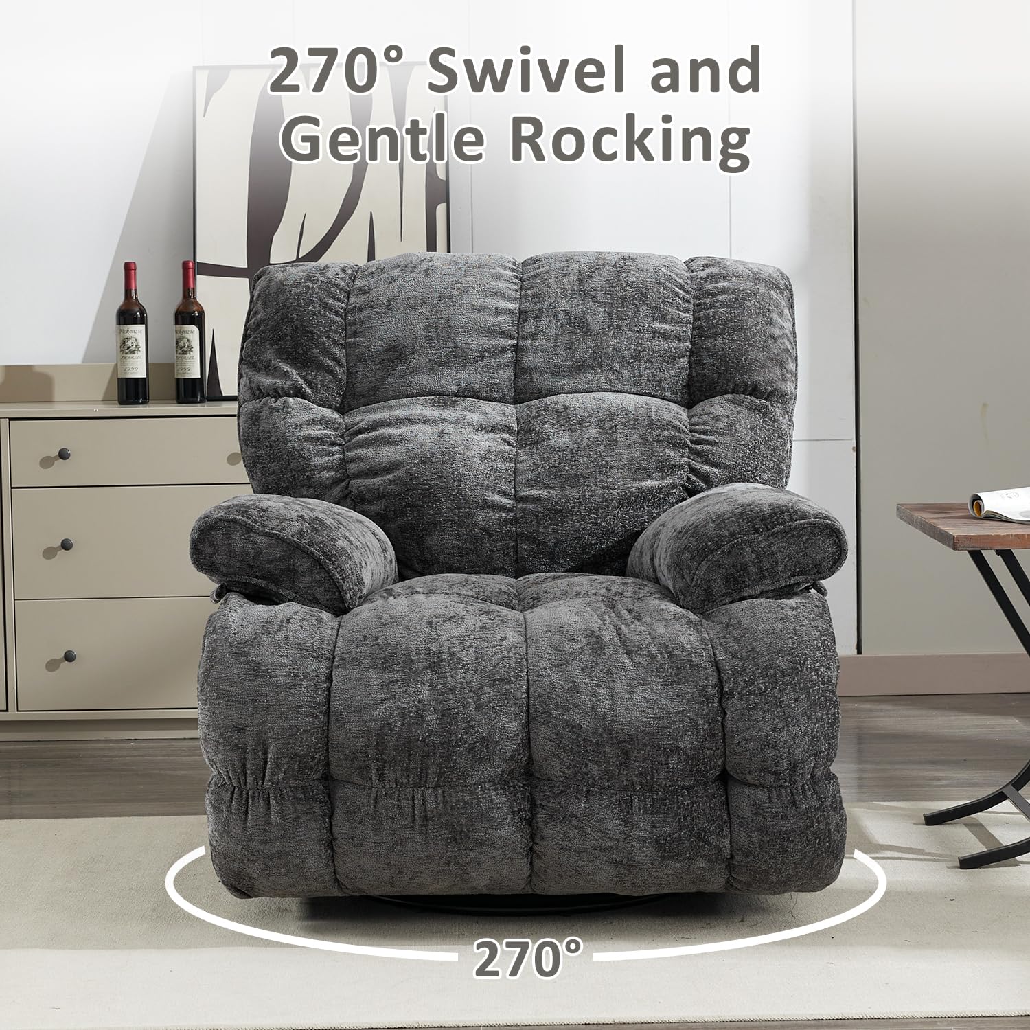 Oversized Rocker Reclining Chair, Swivel Rocking Recliner for Living Room, Overstuffed Extra Wide Single Sofa with Breathable Soft Fabric (Power, Gray)