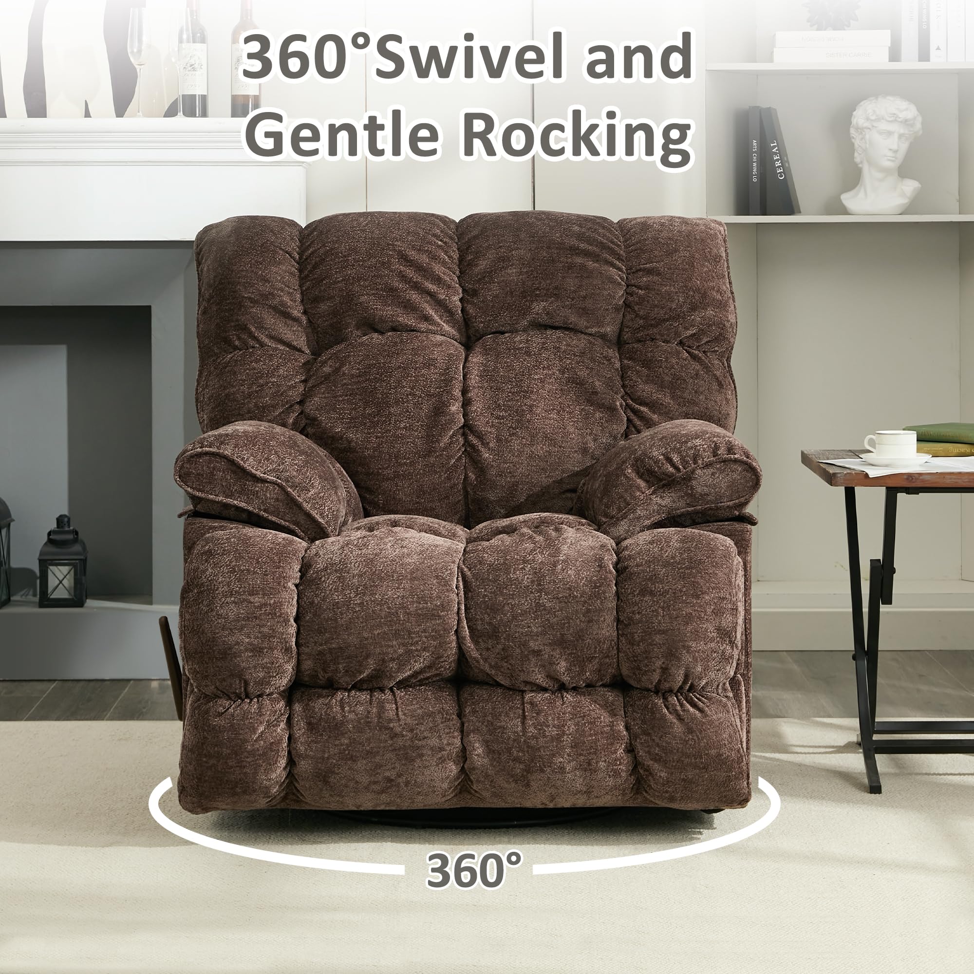 Oversized Recliner Chair, Overstuffed Swivel Rocker with Extra Wide Seat & Breathable Fabric for Living Room (Manual, Brown)