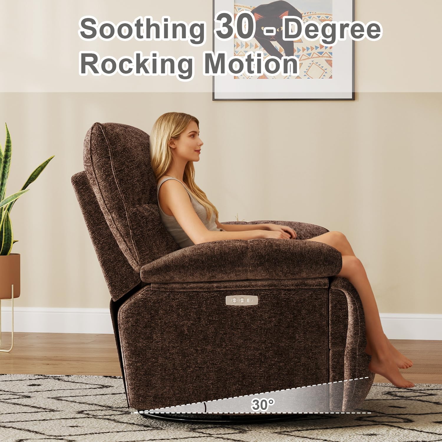 Oversized Recliner Chair, Overstuffed Swivel Rocker with Extra Wide Seat & Breathable Fabric for Living Room (Power, Brown)