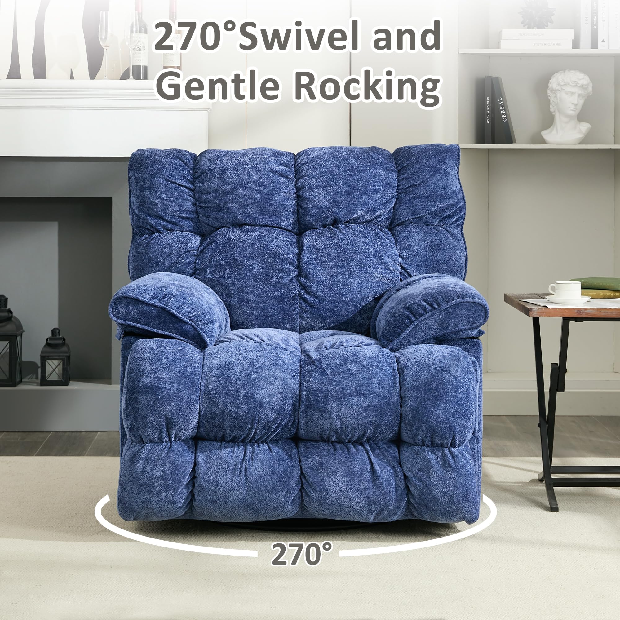 Oversized Rocker Recliner Chair,Power Swivel Recliner for Living Room,Overstuffed Extra Wide Rocking Recliners with Breathable Soft Fabric,Up to 350lbs (Power, Blue)
