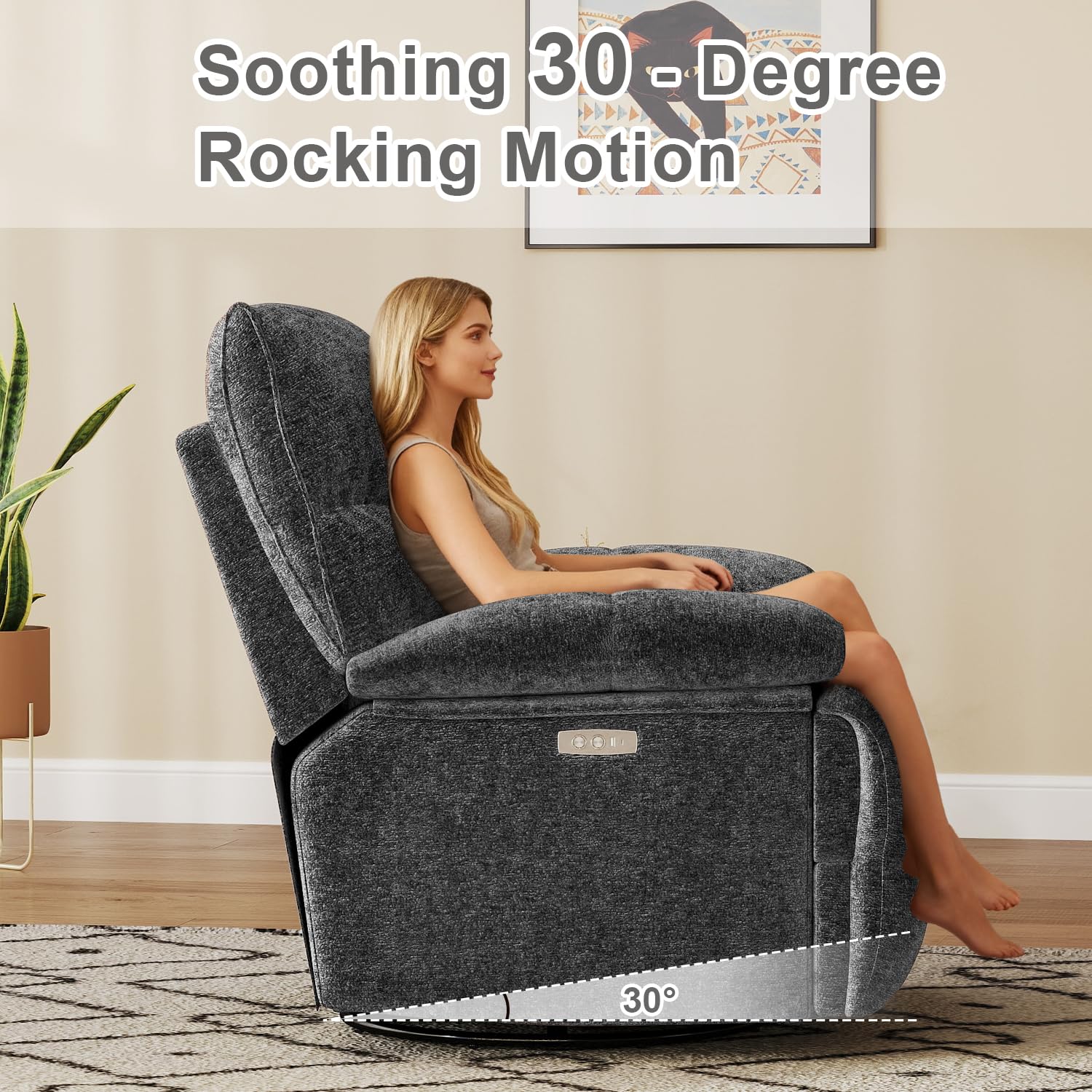 Oversized Rocker Reclining Chair, Swivel Rocking Recliner for Living Room, Overstuffed Extra Wide Single Sofa with Breathable Soft Fabric (Power, Gray)