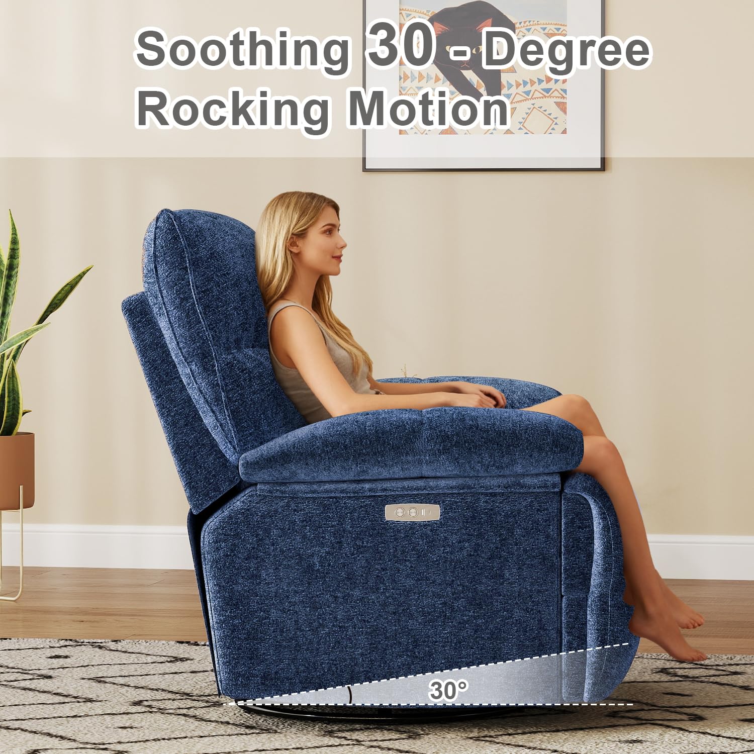 Oversized Rocker Recliner Chair,Power Swivel Recliner for Living Room,Overstuffed Extra Wide Rocking Recliners with Breathable Soft Fabric,Up to 350lbs (Power, Blue)