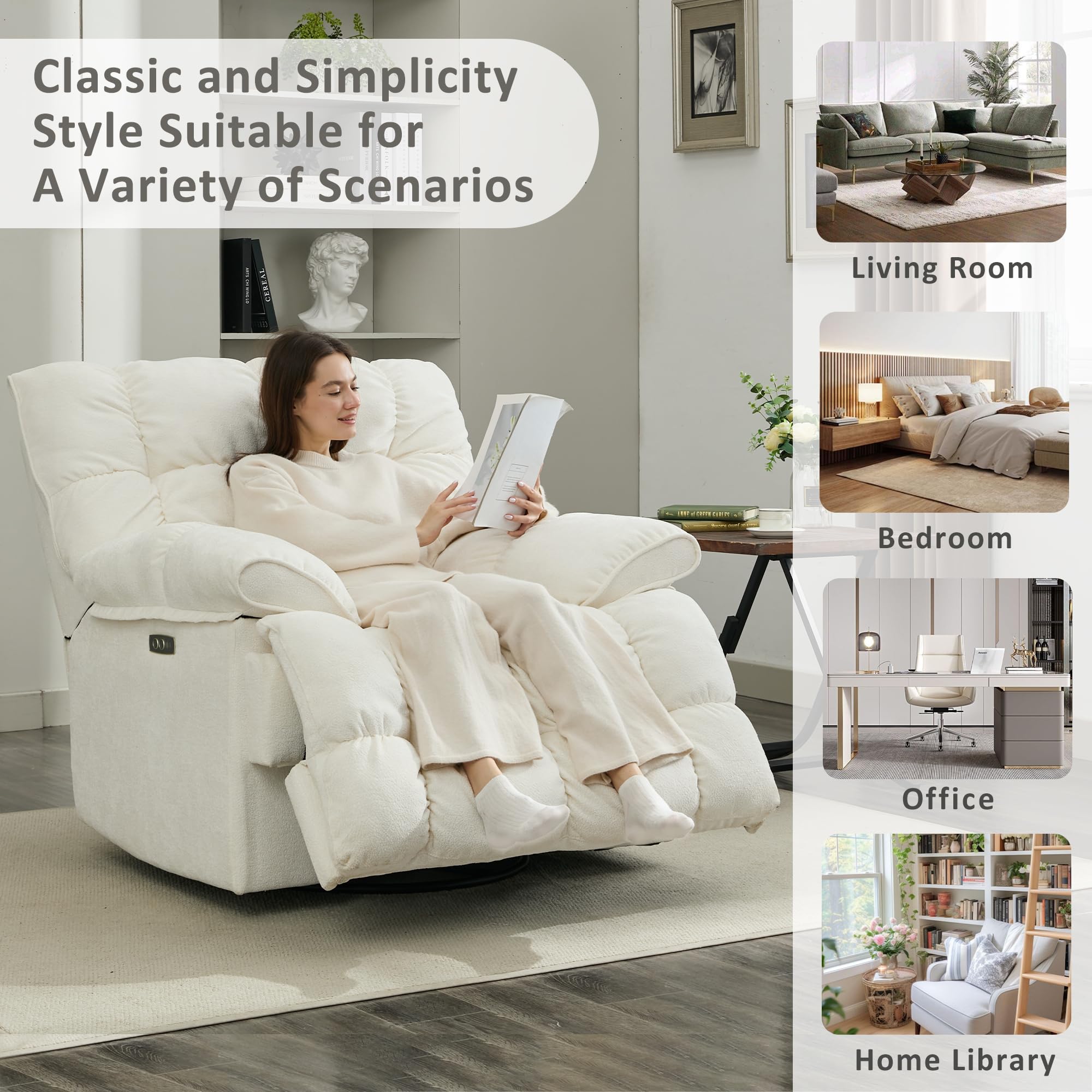 Oversized Rocker Recliner Chair,Power Swivel Recliner for Living Room,Overstuffed Extra Wide Rocking Recliners with Breathable Soft Fabric,Up to 350lbs (Power, White)