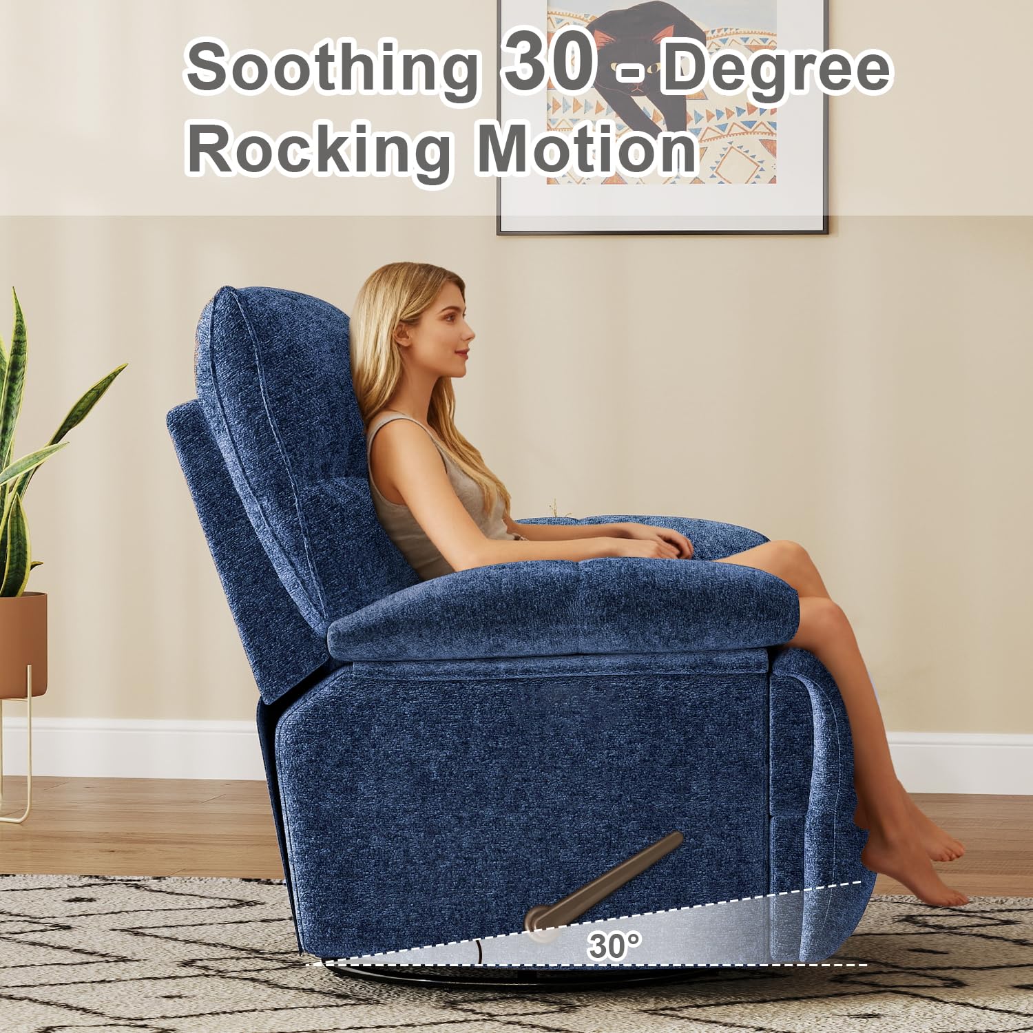 Oversized Recliner Chair, Overstuffed Swivel Rocker with Extra Wide Seat & Breathable Fabric for Living Room (Manual, Blue)