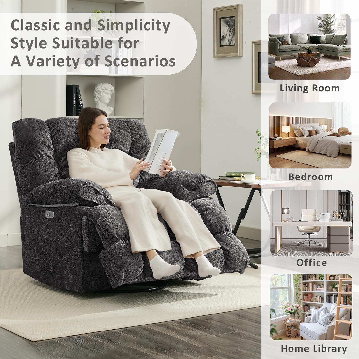 Oversized Rocker Reclining Chair, Swivel Rocking Recliner for Living Room, Overstuffed Extra Wide Single Sofa with Breathable Soft Fabric (Power, Gray)