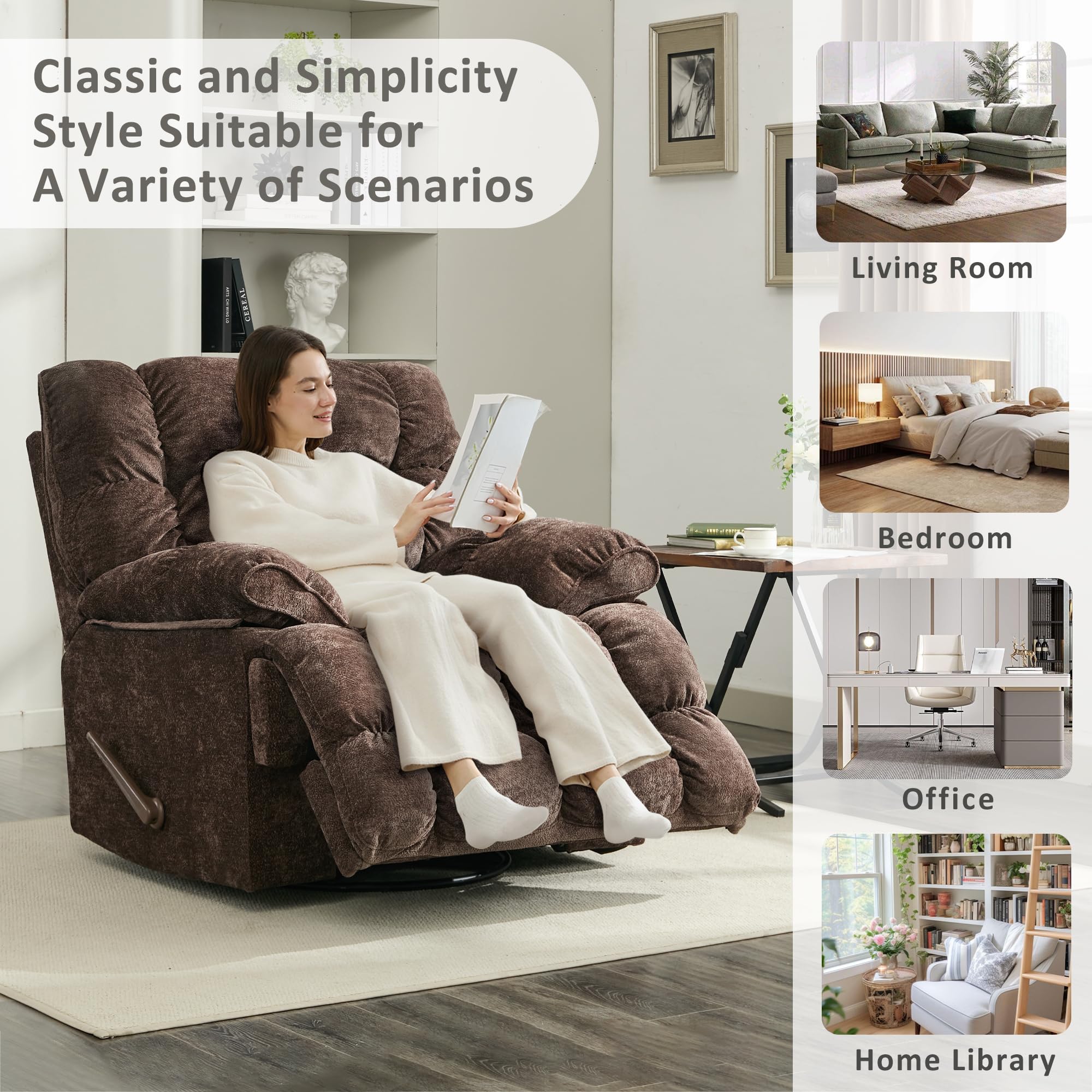 Oversized Recliner Chair, Overstuffed Swivel Rocker with Extra Wide Seat & Breathable Fabric for Living Room (Manual, Brown)