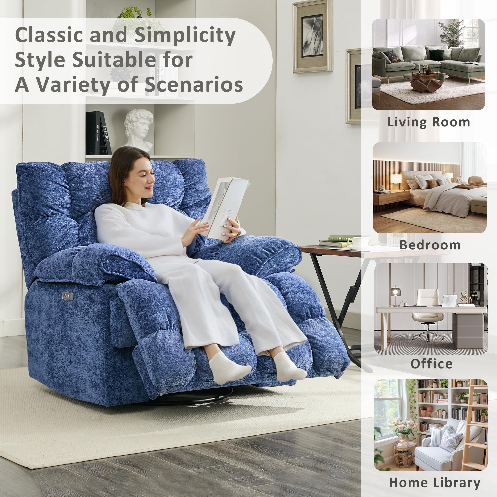 Oversized Rocker Recliner Chair,Power Swivel Recliner for Living Room,Overstuffed Extra Wide Rocking Recliners with Breathable Soft Fabric,Up to 350lbs (Power, Blue)